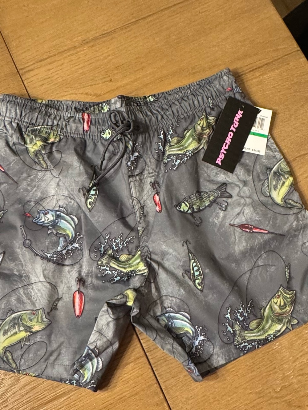 NWT Psycho Tuna Men’s Gray Fishing Print Swim Trunks